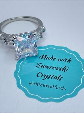 Swarovski Crystal Elements Diamond White Radiant Bridal Statement Ring Silver